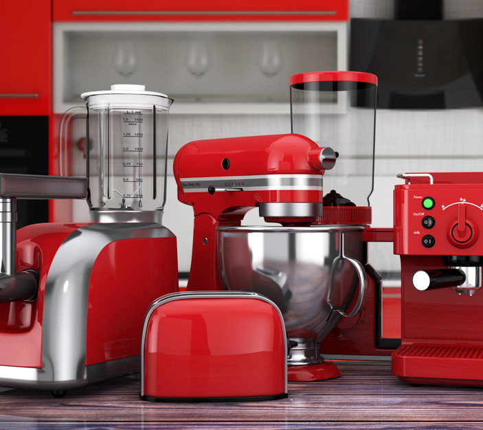 red kitchen appliances on counter